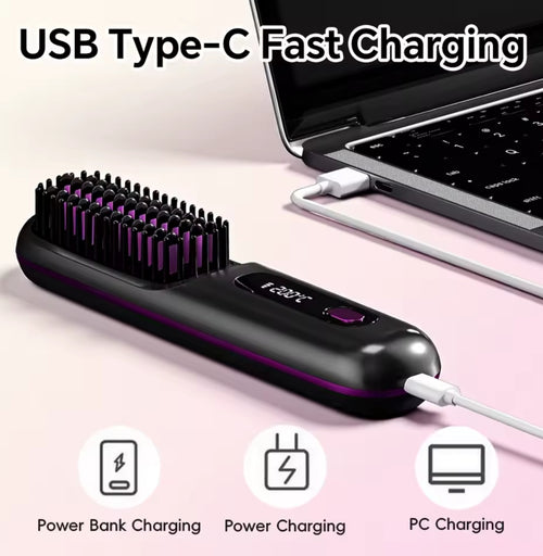 Hair Straightener Brush for Travel with Negative Ion Type-C Charging 2000mAh Battery Frizz-Free Shine Smooth hair