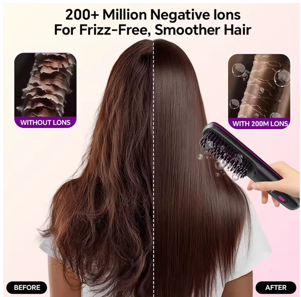 Hair Straightener Brush for Travel with Negative Ion Type-C Charging 2000mAh Battery Frizz-Free Shine Smooth hair