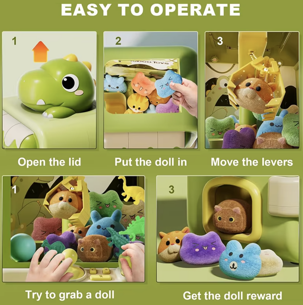 Dinosaur Claw Machine Toys Electronic Arcade Game Adjustable Catch Doll Machine Music Mini Vending Birthday Gift For Kids