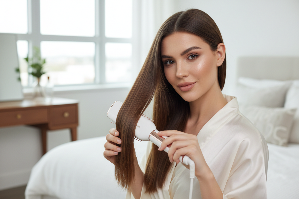 Beautiful model using hair straightener brush